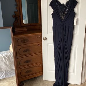 NWT Adrianna Papell dark blue gown with ruching and beading details! Size 12